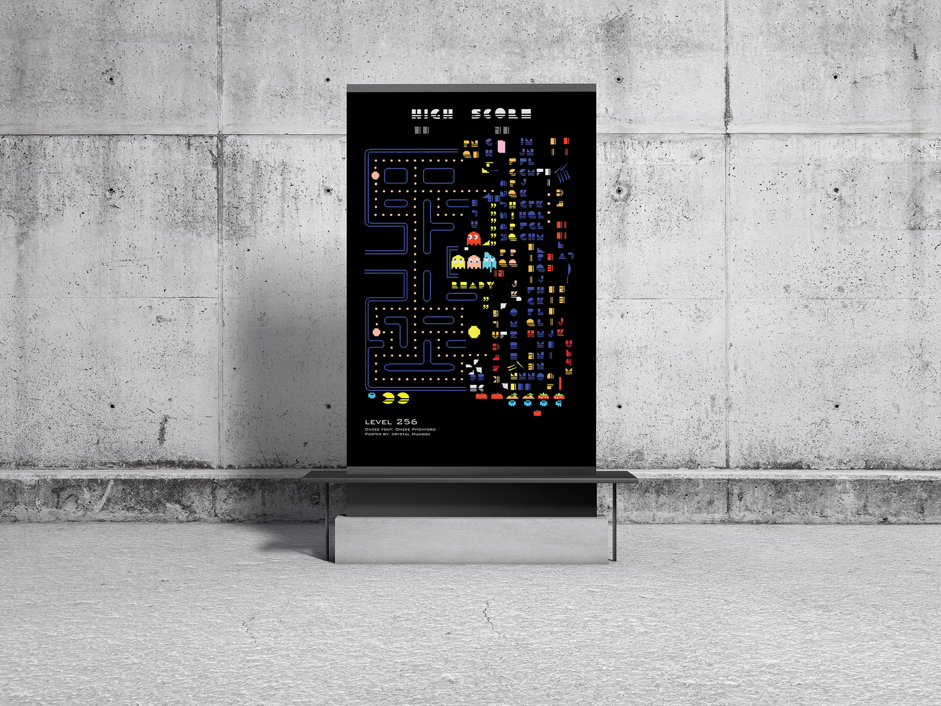 Typography poster design of Pac-Man video game screen Level 256, the kill screen.