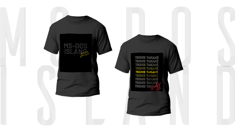t-shirt design mockups with MS-DOS in the background