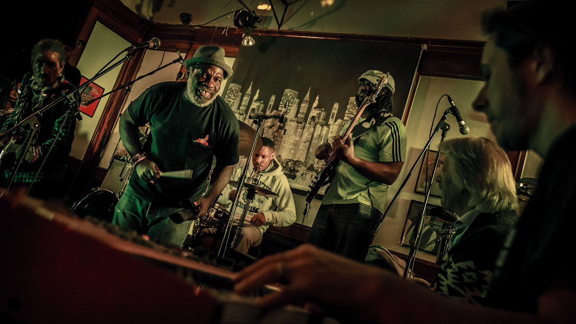 2016-03 UK - London 1021: Members of The RumBand - Winston Delandro, Root Jackson, David Soj Ijaduola, Michael Bailey, James Lascelles, and Paul Jobson - during their live video recording performance at The Prince of Wales Pub