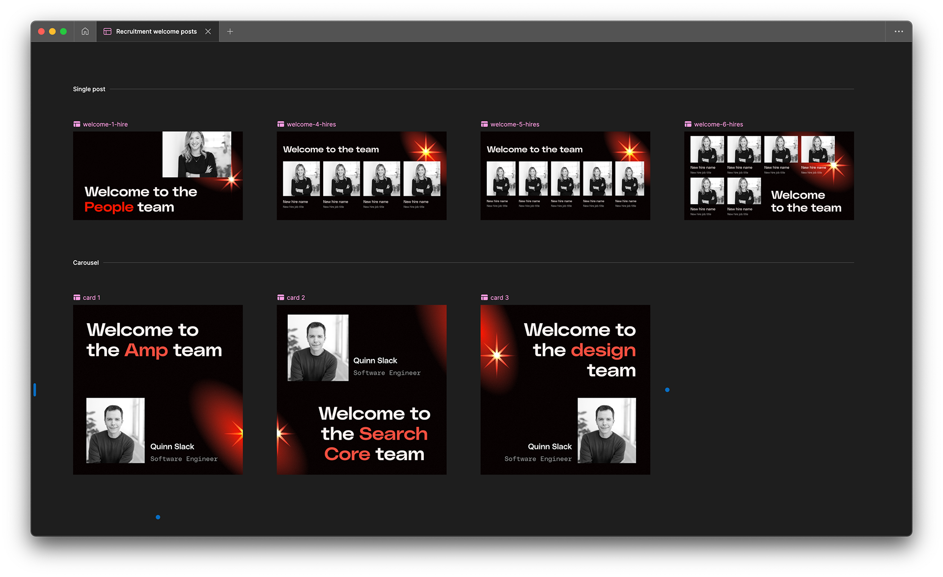 Our People team needed a set of social post templates to highlight our new hires on Linkedin. I crafted these with the flexibility needed based on the size of the cohort along with a carousel. format option to keep things fresh!