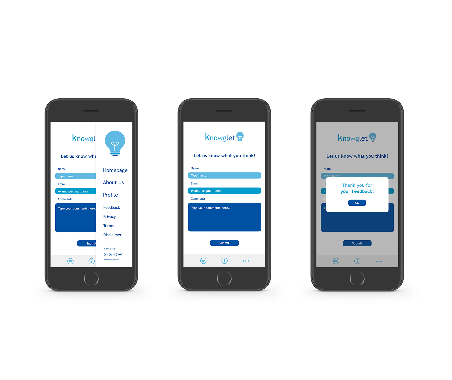 Feedback Page - Demonstrating the mobile nav which mimics an app design. Footer comes out like a side bar.