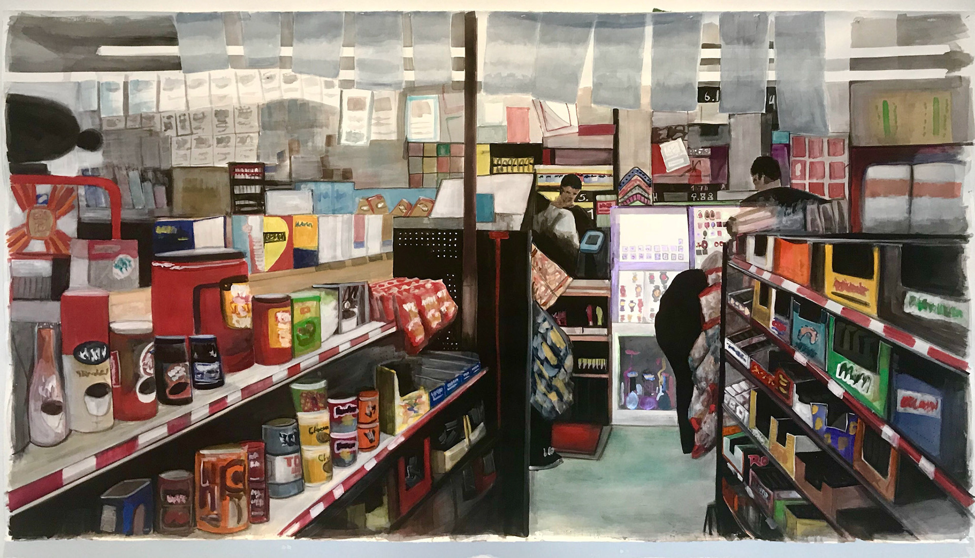 "Quik Mart" (2018) Watercolor & Gouache on Paper, 96 x 54 inches