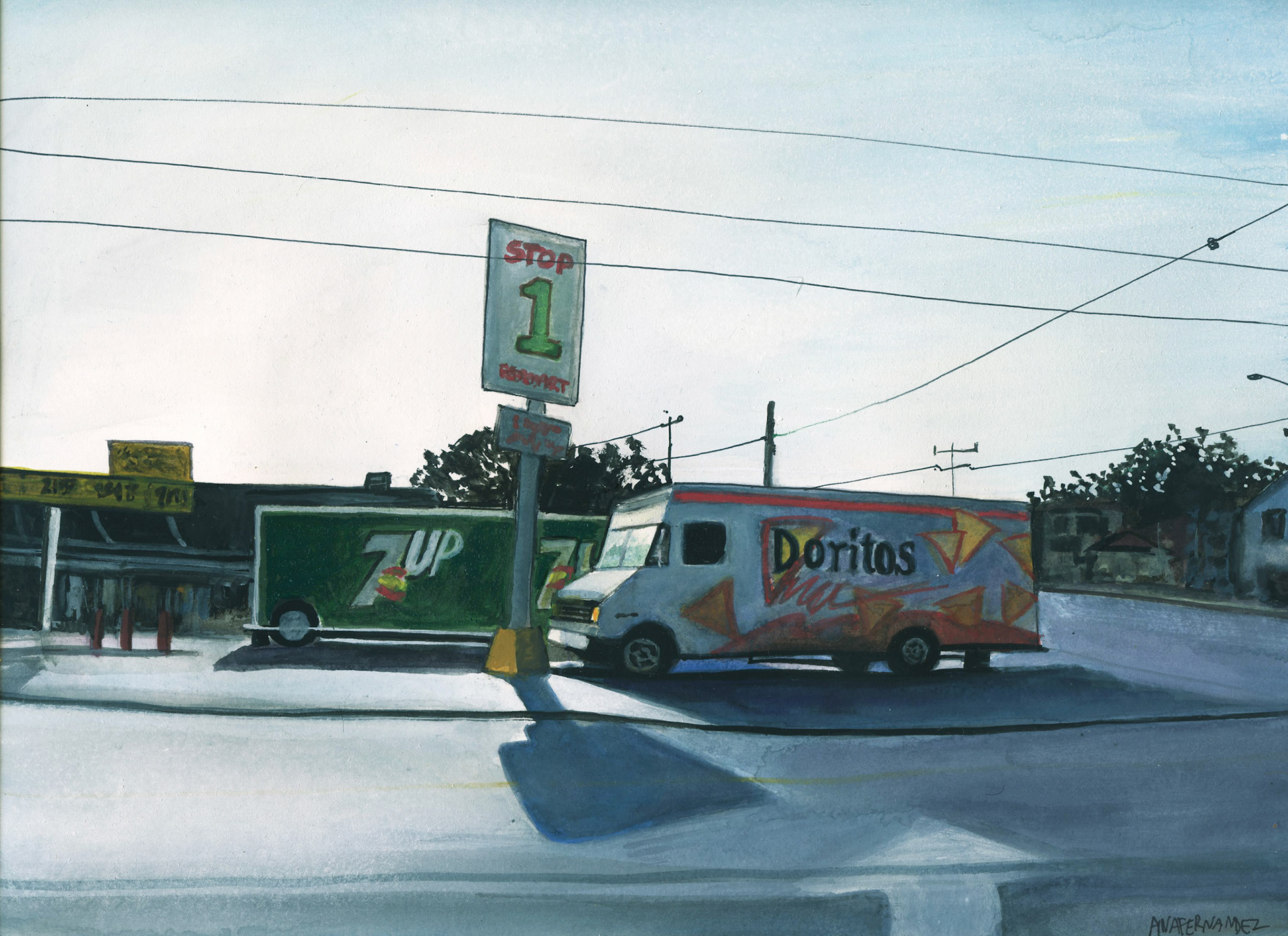 "7 Up & Doritos" (2017) Watercolor & Gouache on paper, 12 x 9 inches