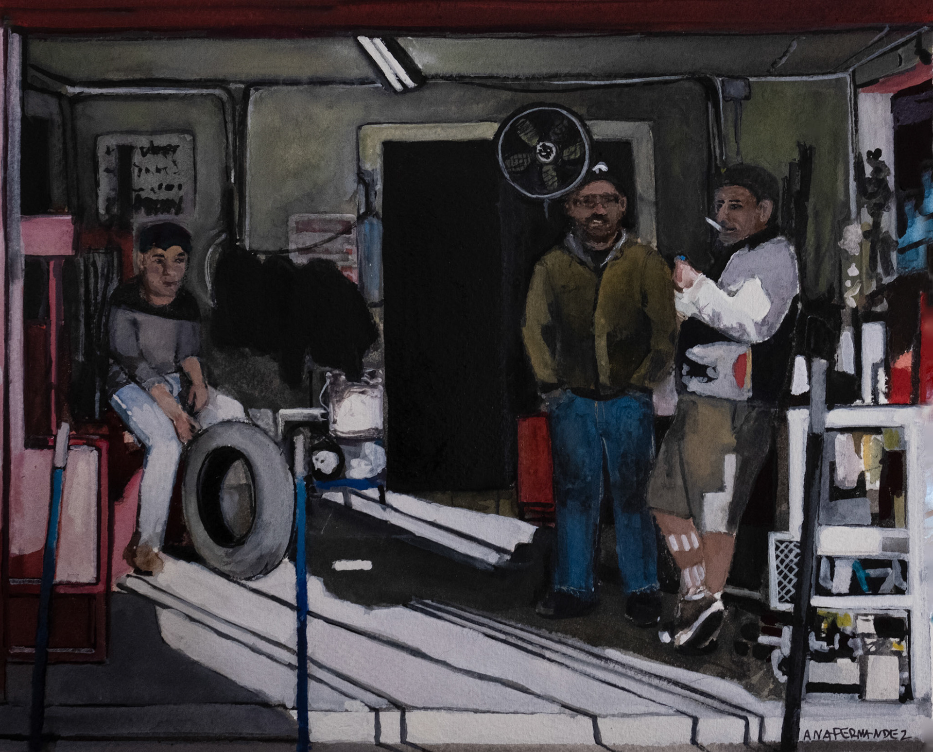 "Tire Shop" (2017) Watercolor & Gouache on paper, 12 x 9 inches