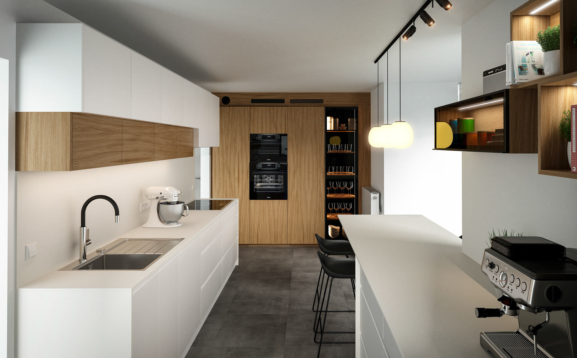 Projet de cuisine en laqué blanc mat et bois de chêne naturel