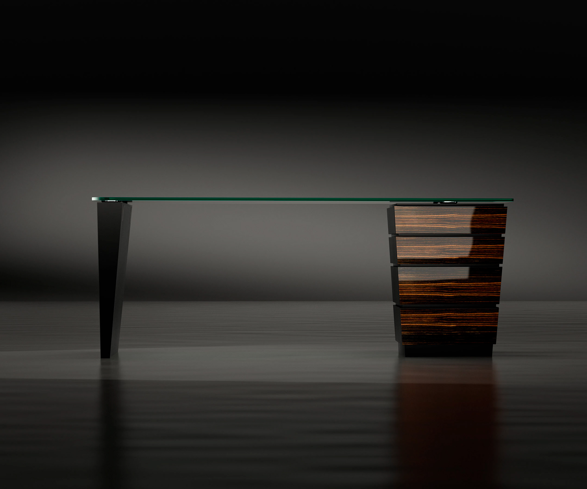 Table de bureau exclusive. Verre/ébène/MDF laqué noir mat