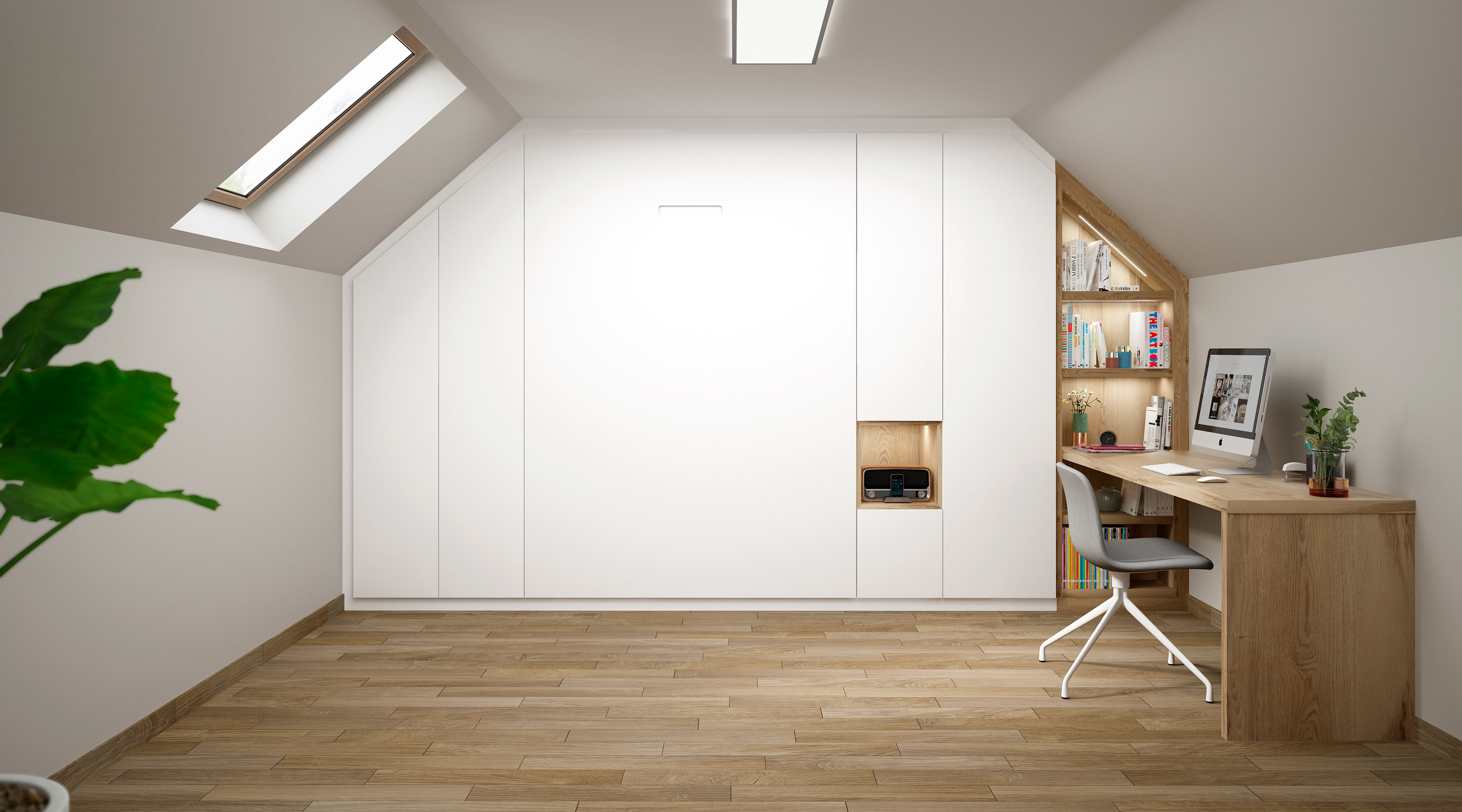 Mobilier sur mesure réalisé en chêne naturel/MDF laqué blanc