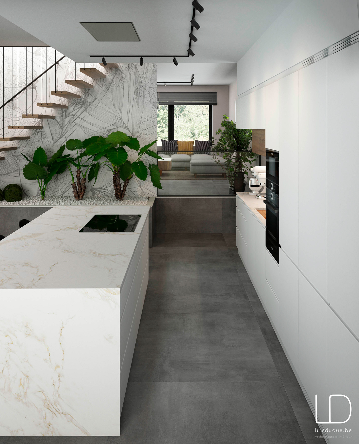 Espace cuisine et vue sur le salon au fond