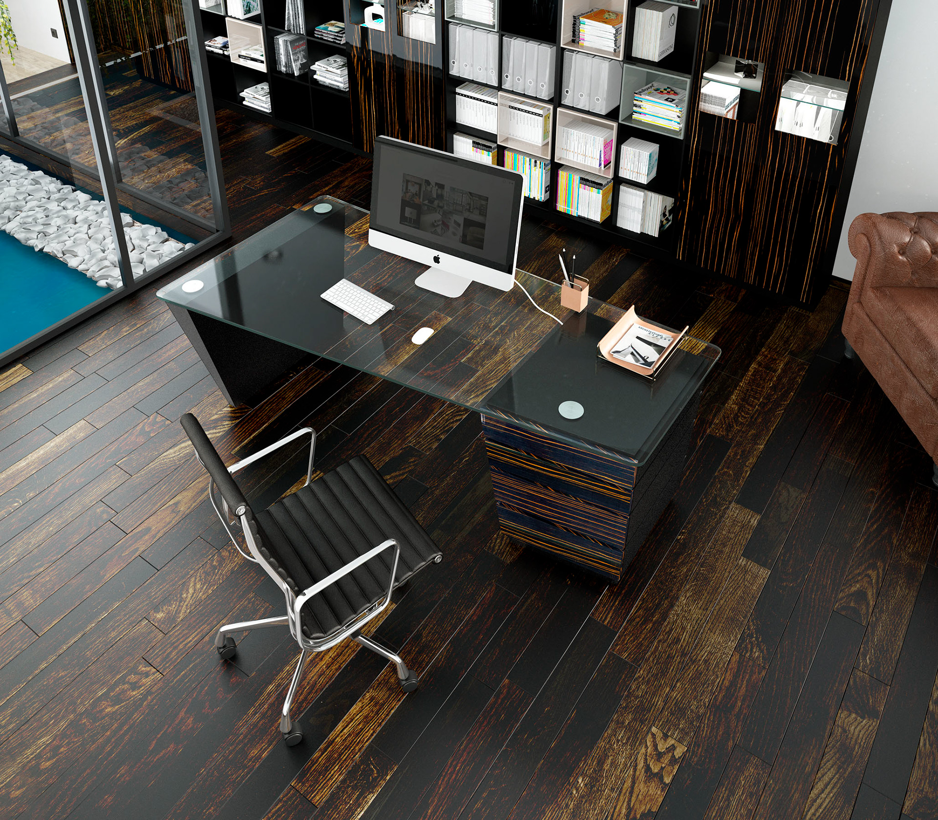 Table de bureau exclusive. Verre/ébène/MDF laqué noir mat