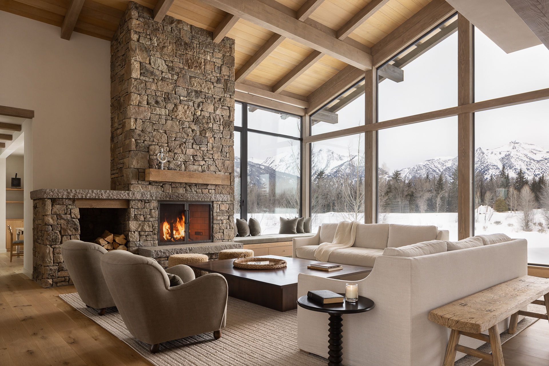 A modern mountain chalet in Jackson Hole, Wyoming designed by Berlin Architects and Cairn Landscape architects. Photography by Aaron Kraft Krafty Photos, Winter and summer architecture photography, landscape architecture photography, interior design photography