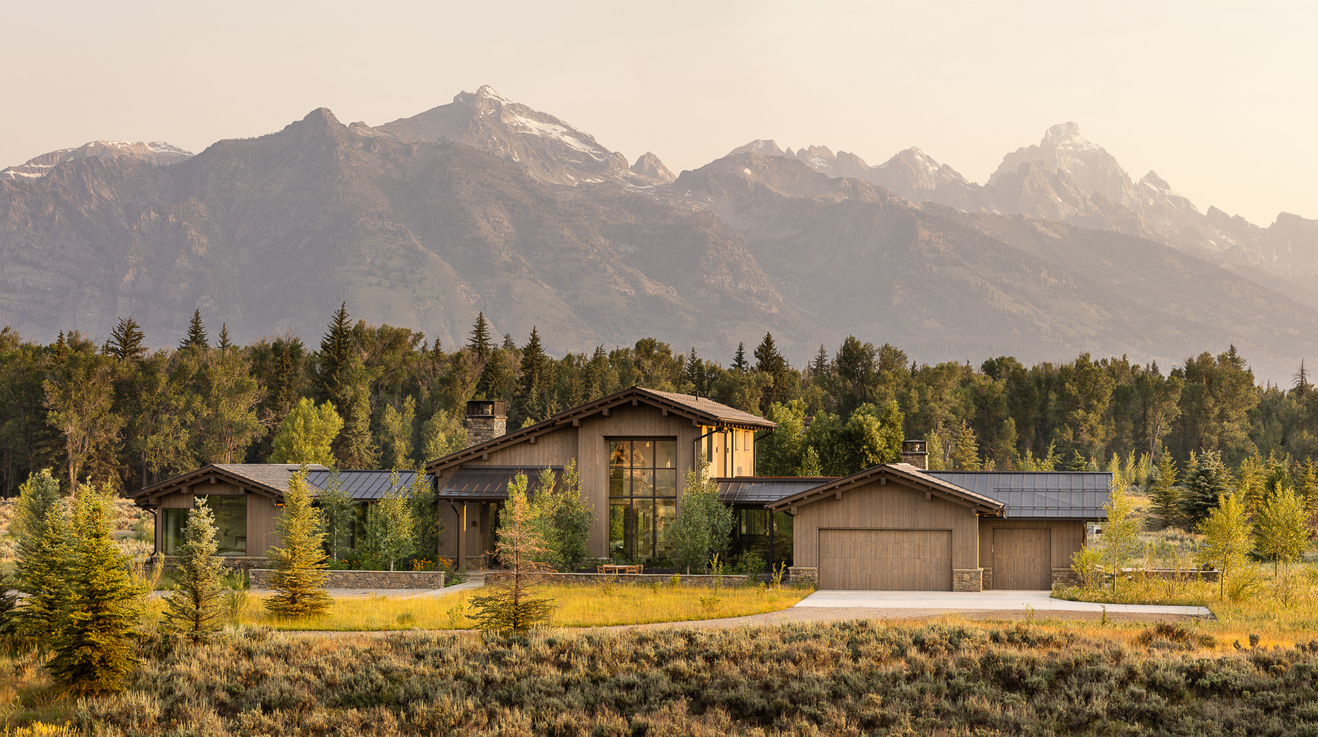 A modern mountain chalet in Jackson Hole, Wyoming designed by Berlin Architects and Cairn Landscape architects. Photography by Aaron Kraft Krafty Photos, Winter and summer architecture photography, landscape architecture photography, interior design photography