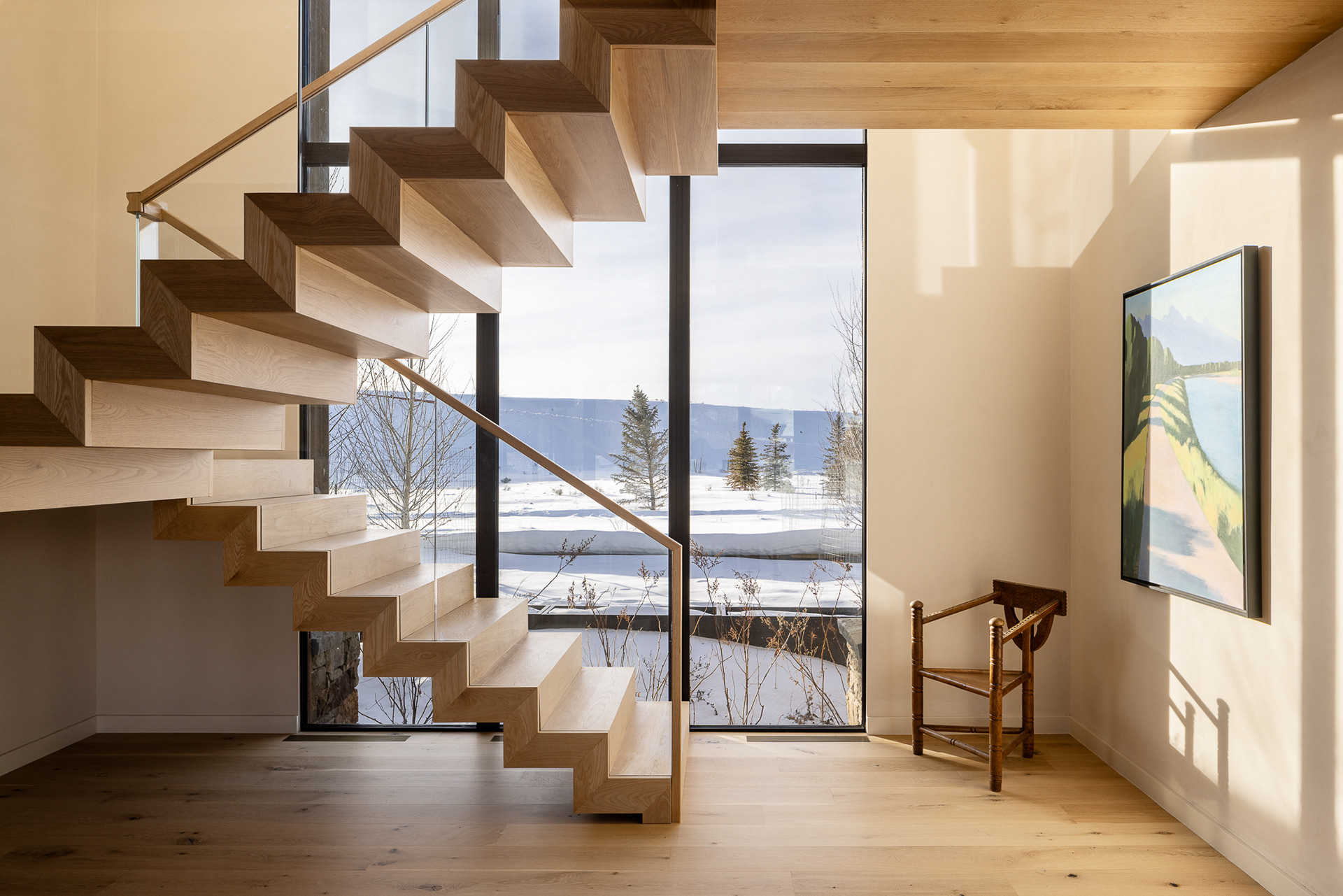 A modern mountain chalet in Jackson Hole, Wyoming designed by Berlin Architects and Cairn Landscape architects. Photography by Aaron Kraft Krafty Photos, Winter and summer architecture photography, landscape architecture photography, interior design photography