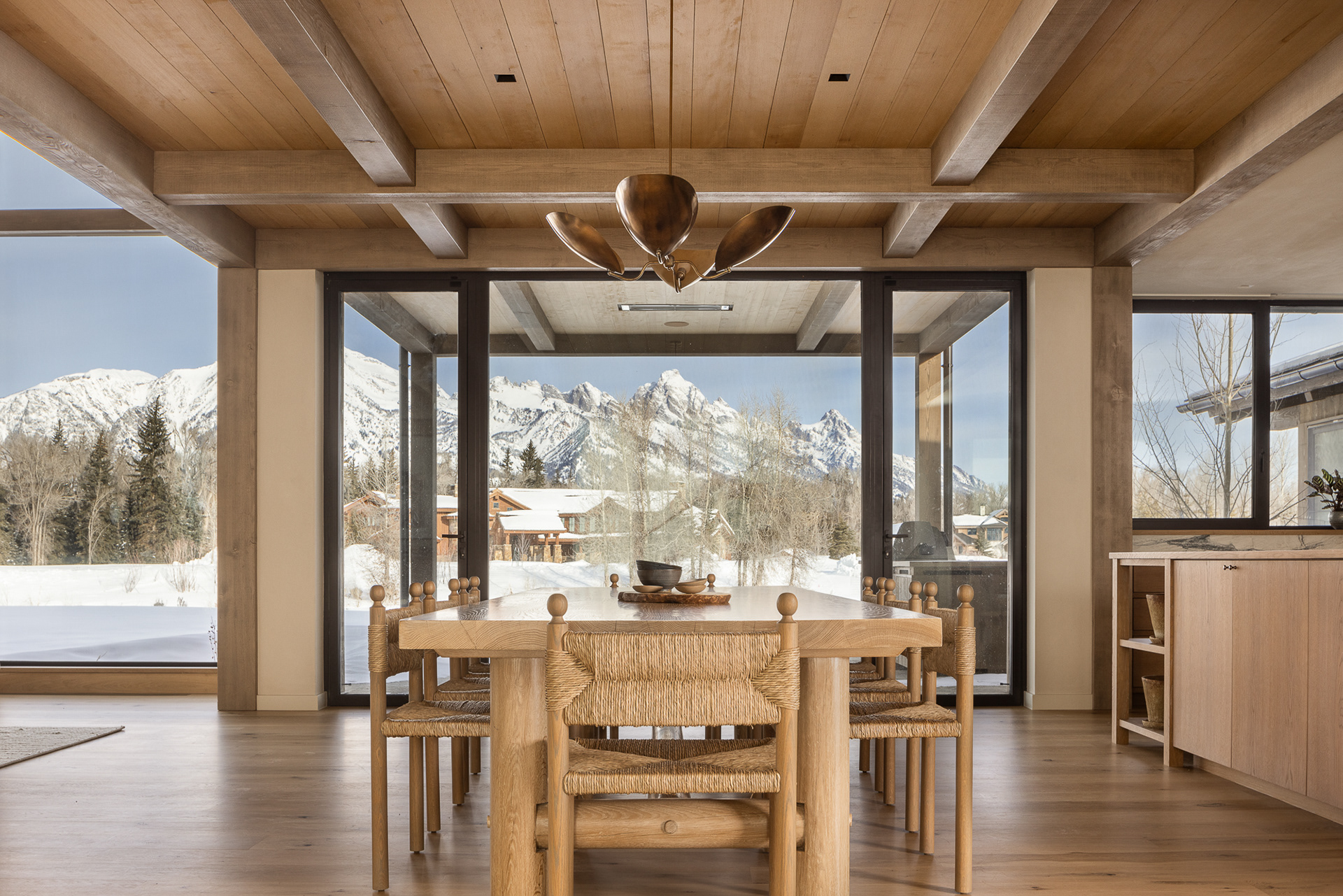 A modern mountain chalet in Jackson Hole, Wyoming designed by Berlin Architects and Cairn Landscape architects. Photography by Aaron Kraft Krafty Photos, Winter and summer architecture photography, landscape architecture photography, interior design photography