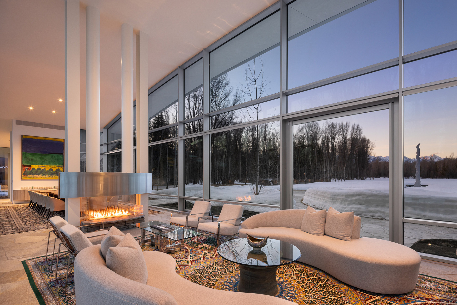 River House designed by architect Wallace Cunningham photographed in late winter. Photograph by architectural photographer aaron kraft krafty photos. architecture in Jackson Hole Wyoming. Interior design