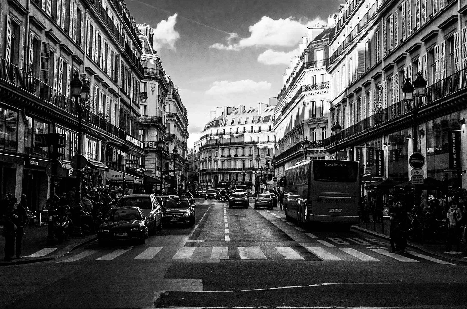 Late fall Parisian street scene - McDonanlds and Starbucks not withstanding.  Rue de l'Échelle from Rue de Rivoli, near the Lourve.