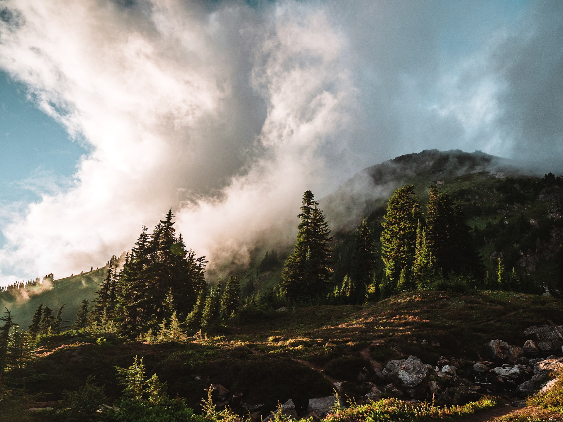 Summer Sunset in breaking clouds, Glacier Peak Wilderness
