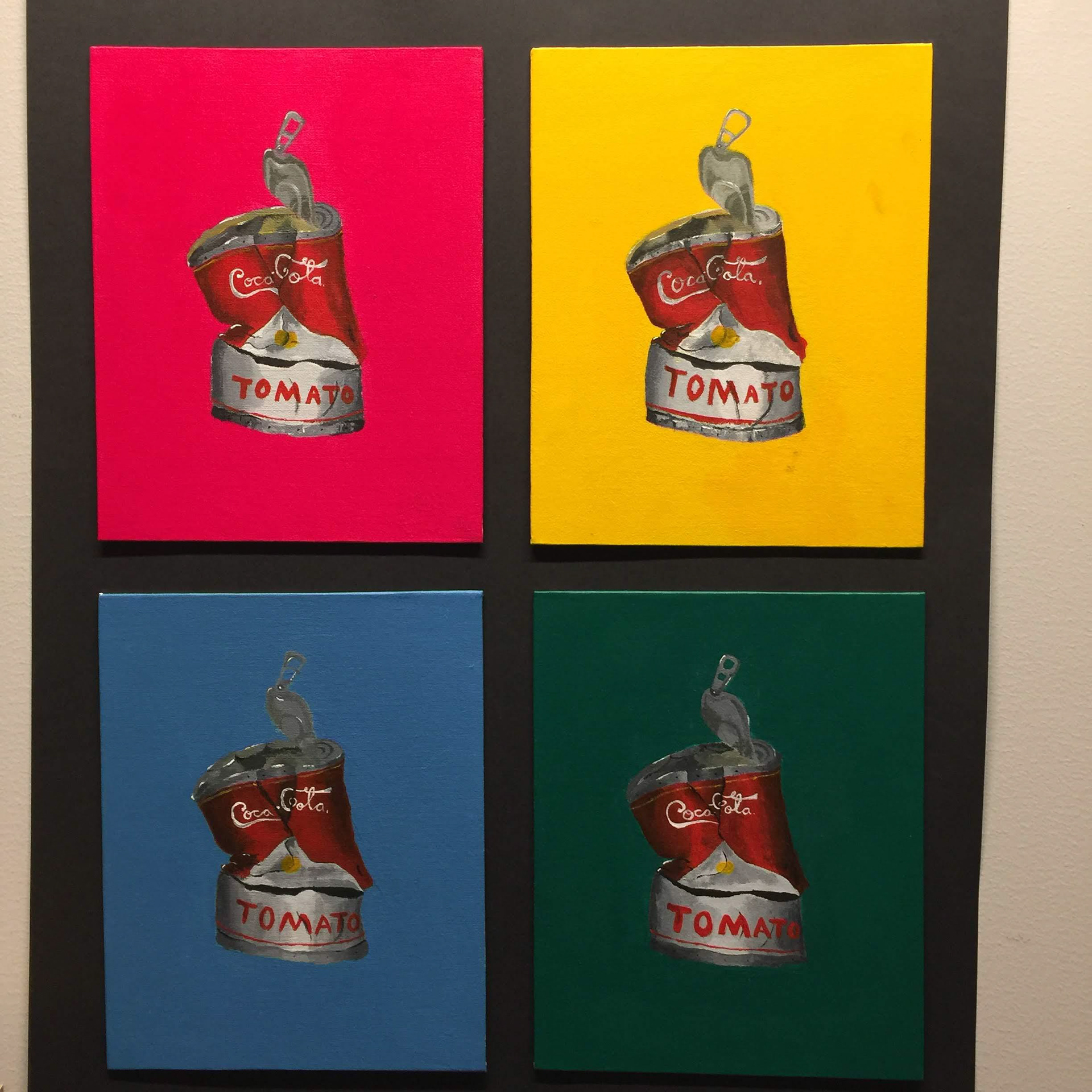 Quartet of paintings representing consumerism in society