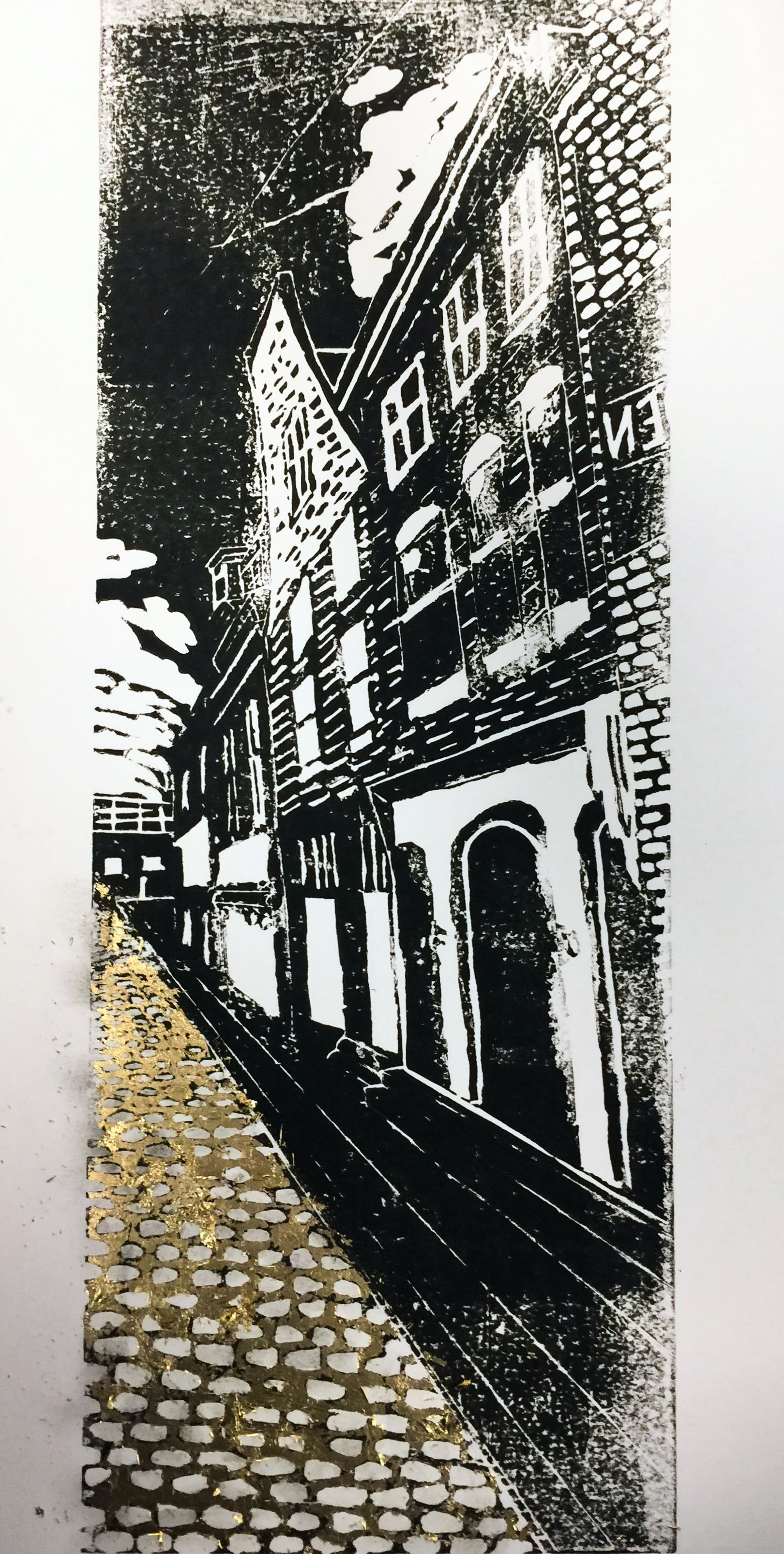 Lino print of a Dutch street