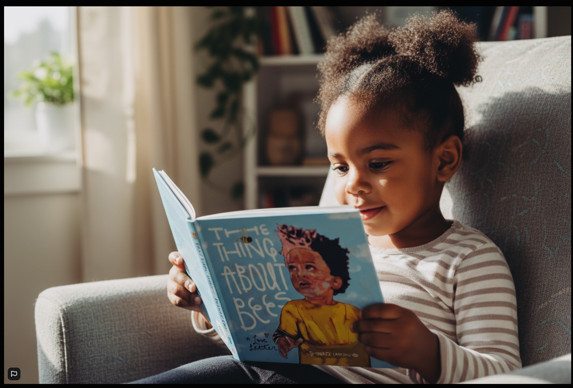 image of girl reading book "the things about bees" by Shabazz Larkin