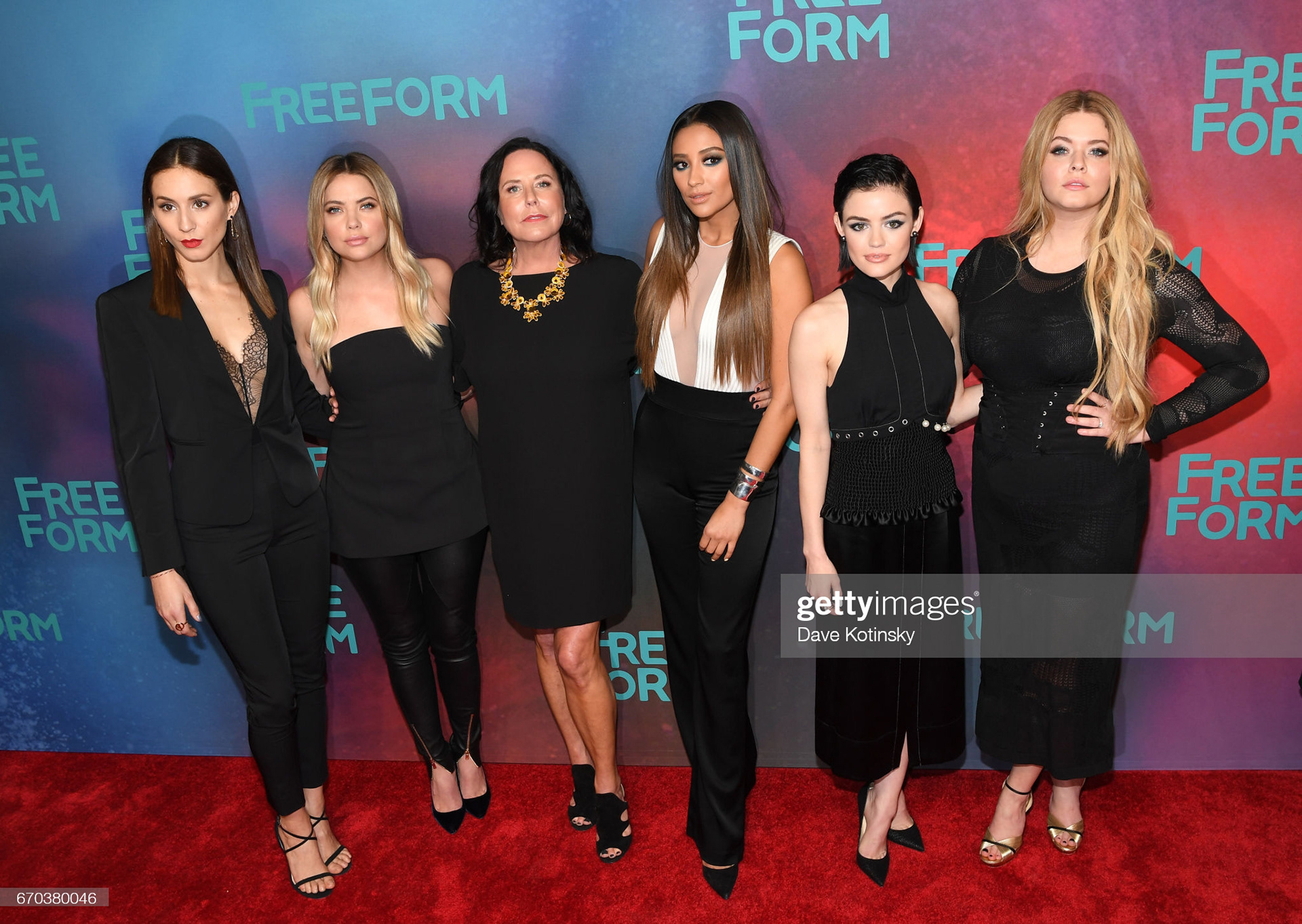  Troian Bellisario, Ashley Benson, Executive Producer I. Marlene King, Shay Mitchell, Lucy Hale and Sasha Pieterse of "Pretty Little Liars" attend Freeform 2017 Upfront at Hudson Mercantile on April 19, 2017 in New York City. (Photo by Dave Kotinsky/Getty Images)