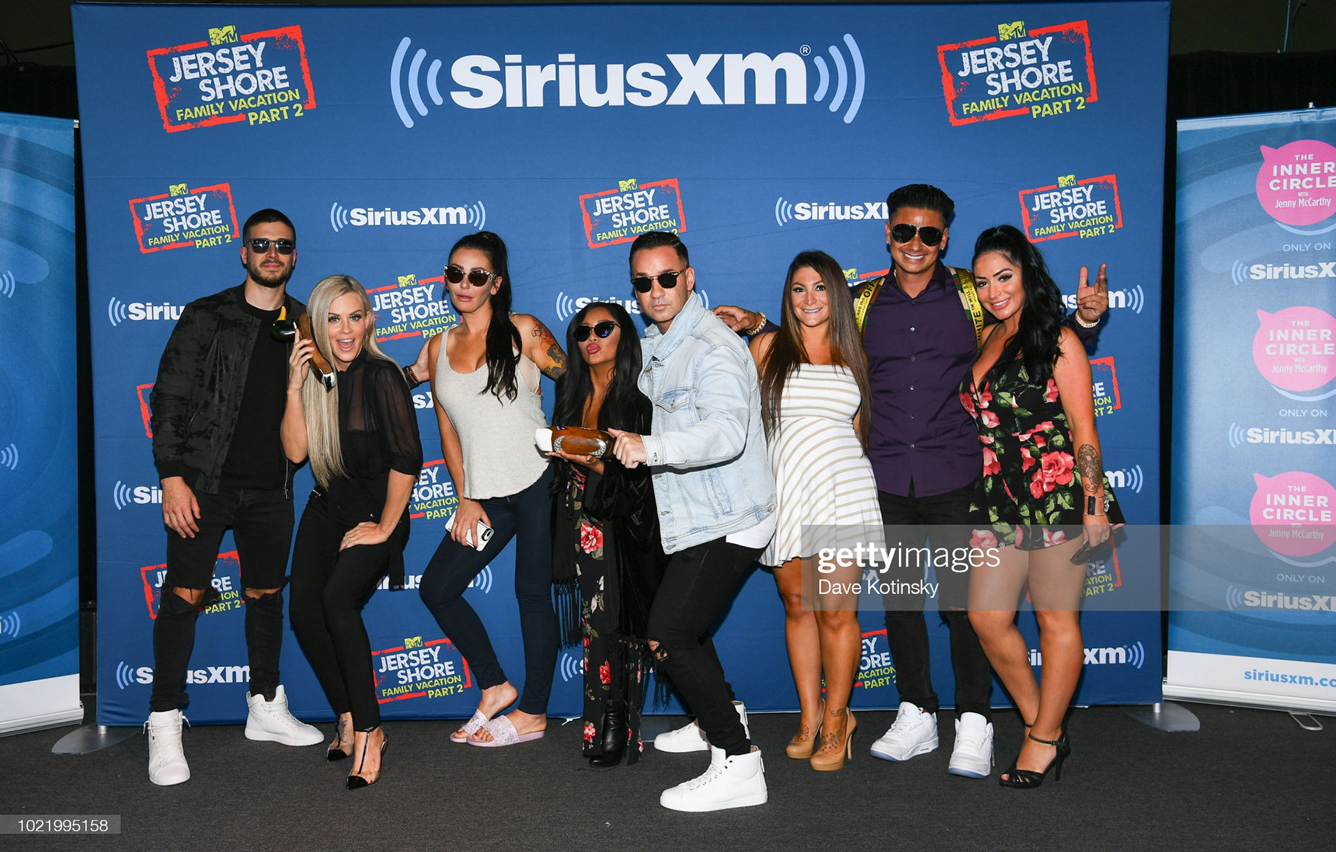 Jenny McCarthy, Mike 'The Situation' Sorrentino, Paul DelVecchio aka Pauly D, Nicole 'Snooki' Polizzi, Vinny Guadagnino, Jenni Farley aka JWoww, Angelina Pivarnick and Deena Nicole Cortese attend Jenny McCarthy's 'Inner Circle' Series On Her SiriusXM Show 'The Jenny McCarthy Show' With The Cast Of MTV's Jersey Shore Family Reunion Part 2 on August 23, 2018 in Point Pleasant Beach City. (Photo by Dave Kotinsky/Getty Images for SiriusXM)