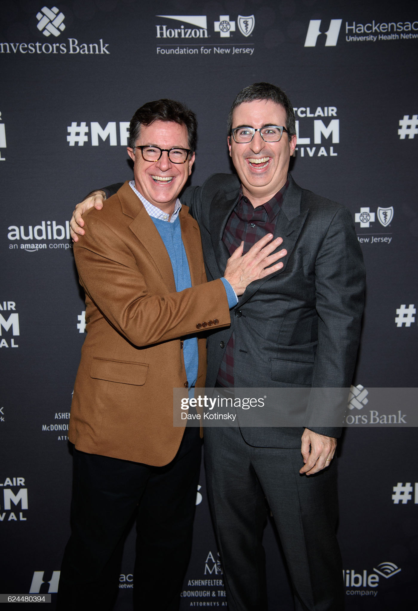 Stephen Colbert(L) and John Oliver (R) arrive at the Post-Election Evening to Benefit Montclair Film Festival at NJ Performing Arts Center on November 19, 2016 in Newark, New Jersey. (Photo by Dave Kotinsky/Getty Images for Montclair Film Festival)