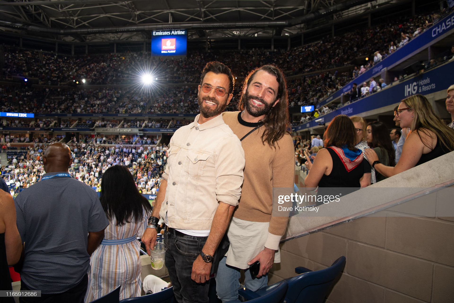 Justin Theroux and Jonathan Van Ness enjoy The Mercedes-Benz VIP Suite at The US Open at Arthur Ashe Stadium on September 3, 2019 in New York City. (Photo by Dave Kotinsky/Getty Images for Mercedes-Benz)