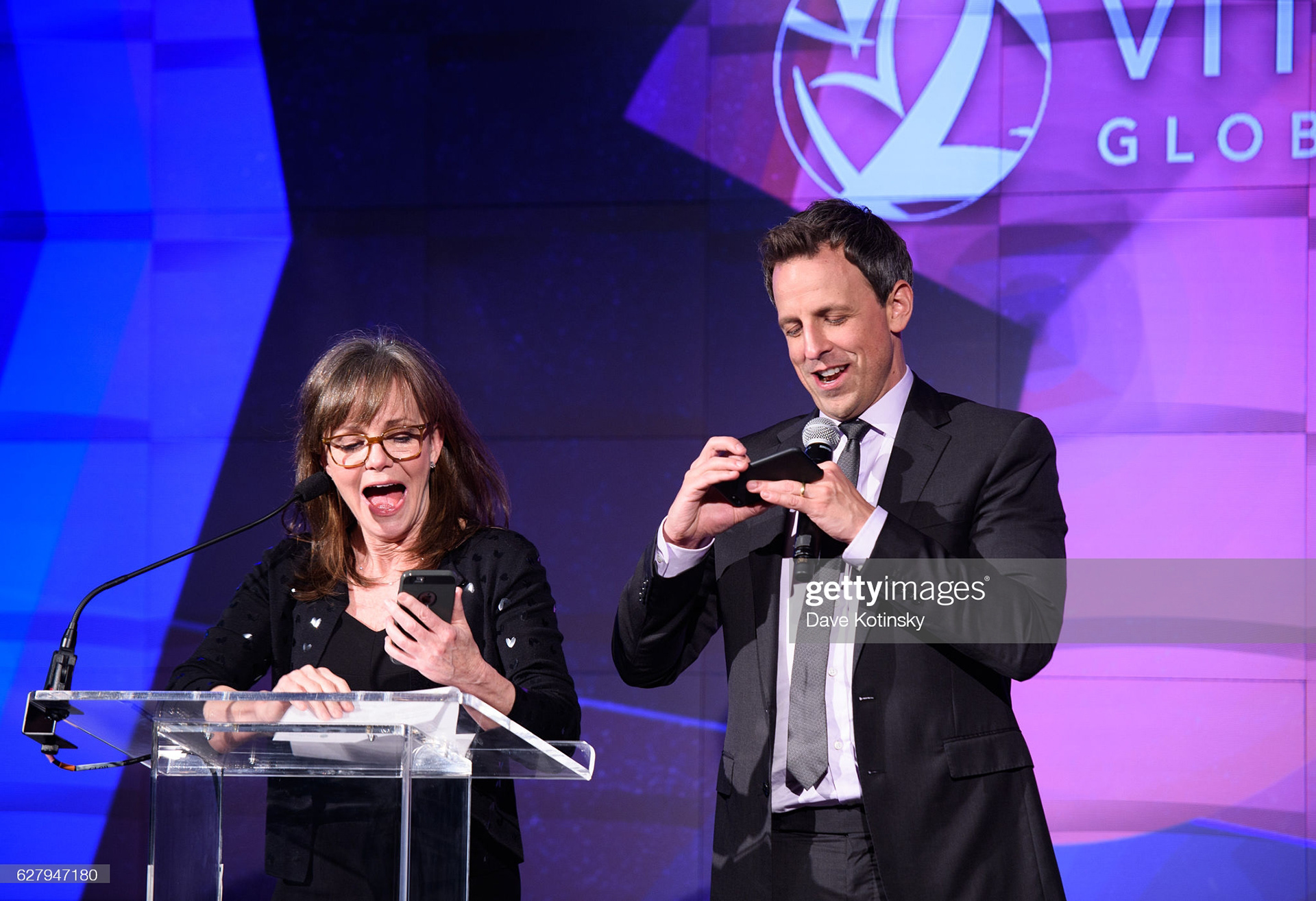 Sally Field and Seth Meyers speak at the Voices of Solidarity 2016 at IAC HQ on December 5, 2016 in New York City. (Photo by Dave Kotinsky/Getty Images for Vital Voices Global Partnership)