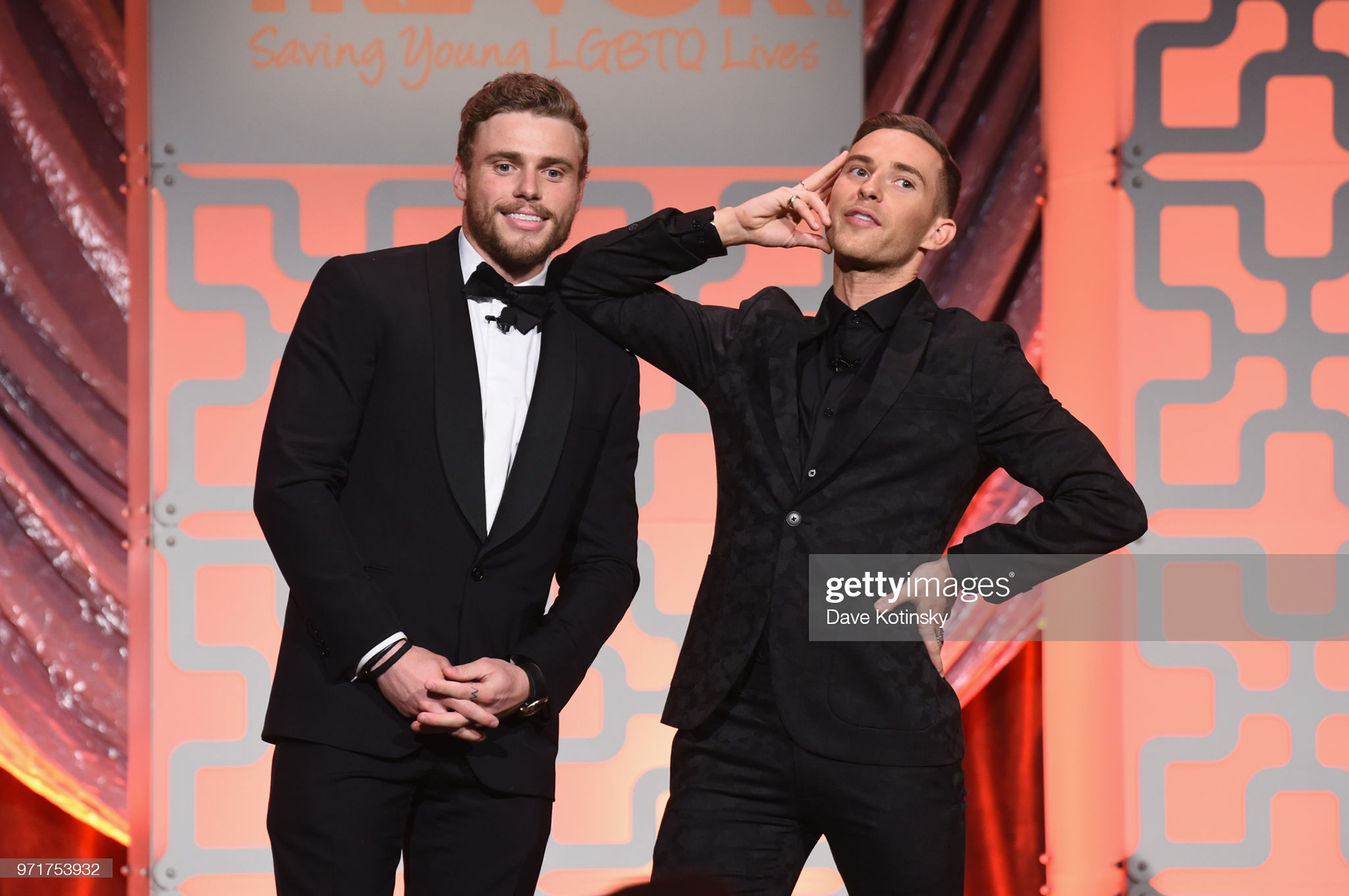 Hosts Gus Kenworthy and Adam Rippon speak onstage during The Trevor Project TrevorLIVE NYC at Cipriani Wall Street on June 11, 2018 in New York City. (Photo by Dave Kotinsky/Getty Images for The Trevor Project)