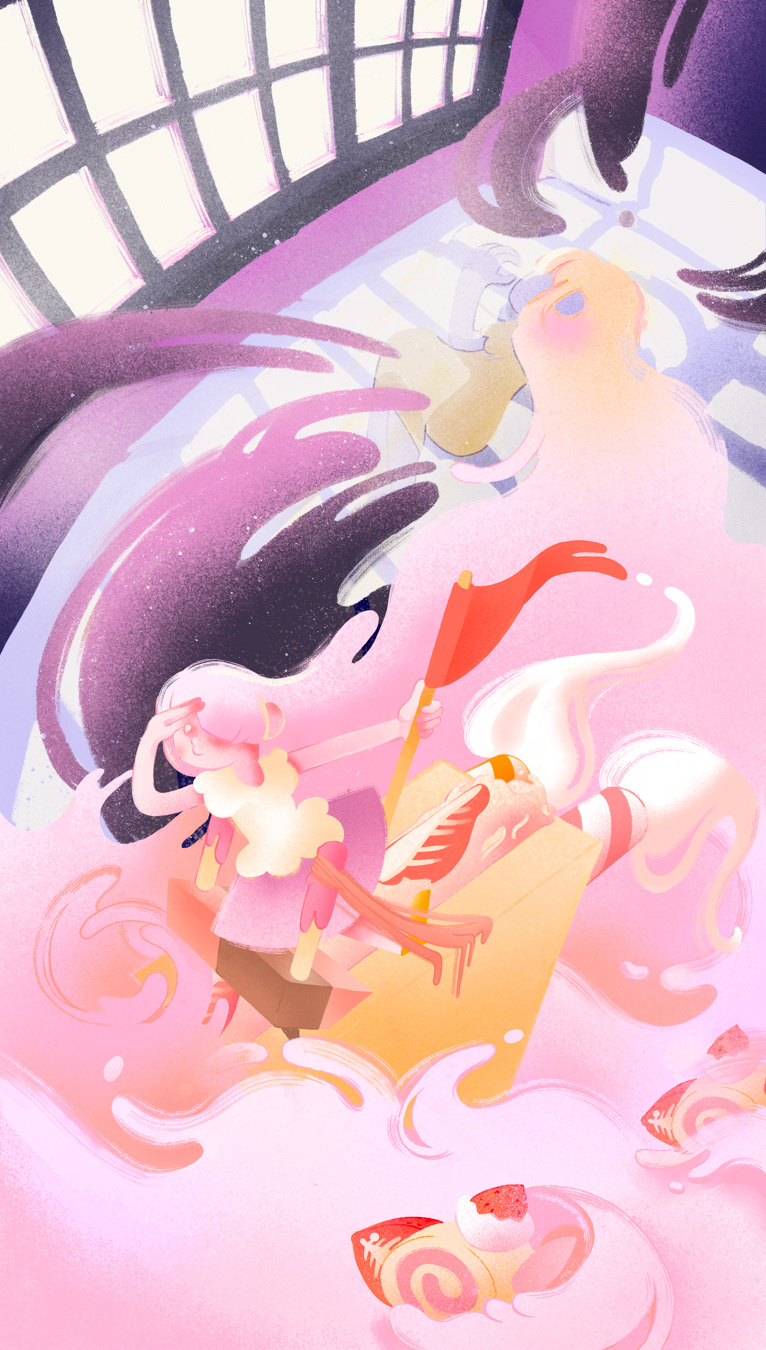 Dreaming Disaster - A narrative illustration depicting a girl’s dream that has gotten out of control.