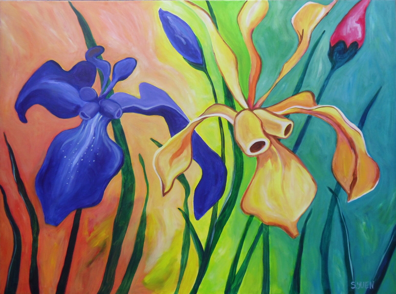 Two Irises, acrylic on canvas, 36 x 48 in, prints available