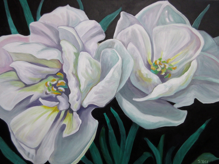 White Tulips, acrylic on canvas, 30 x 40 in, prints available