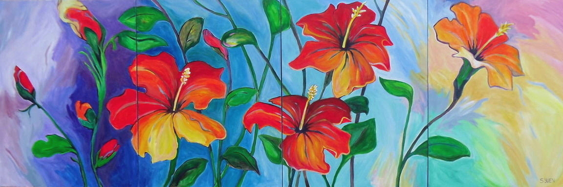 HIbiscus, acrylic on canvas, 48 x 144 in, VGH/UBC Hospital Foundation Art Collection