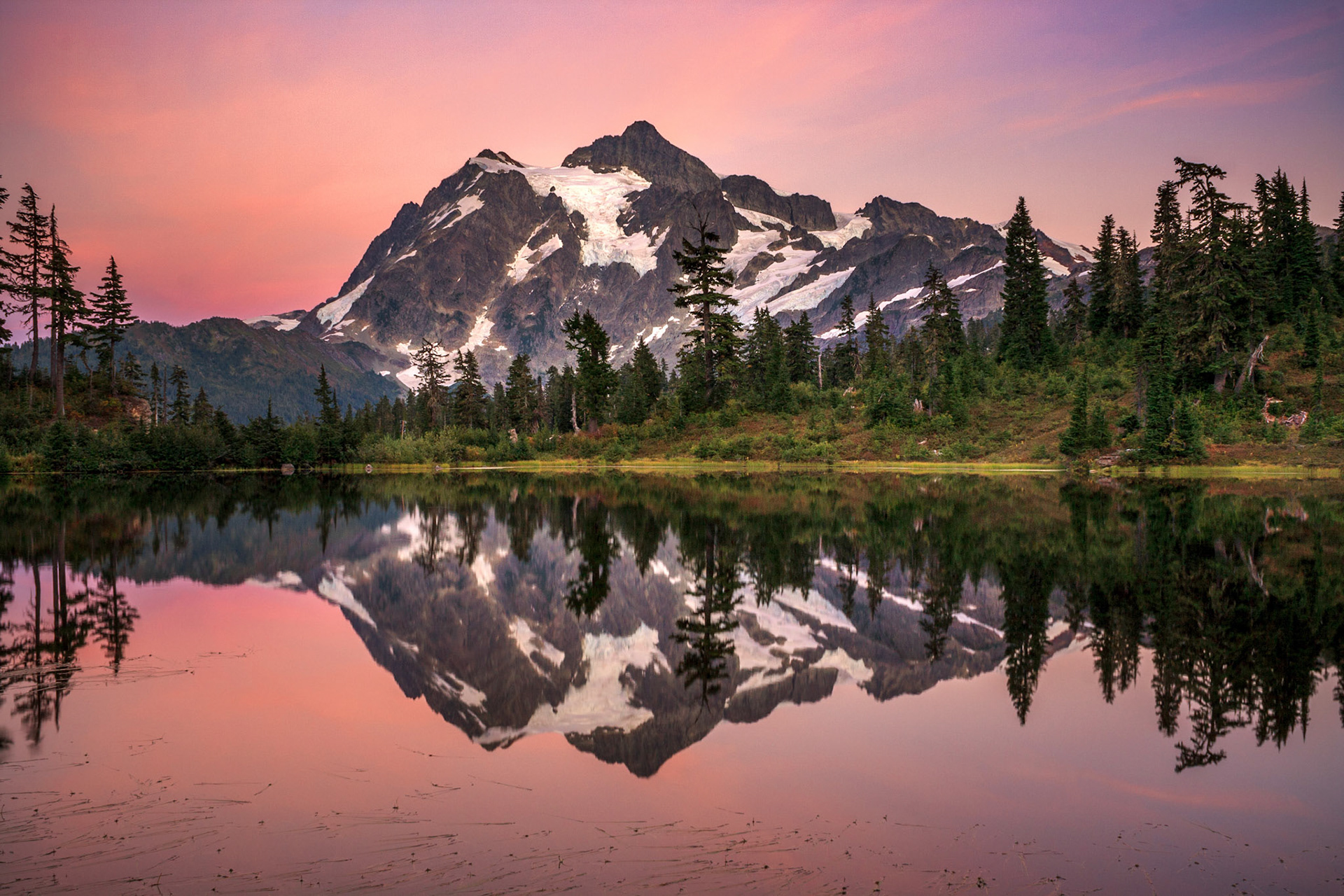 Mount Shuksan reflected in Picture Lake after sunset, Mount Baker-Snoqualmie National Forest, Washington