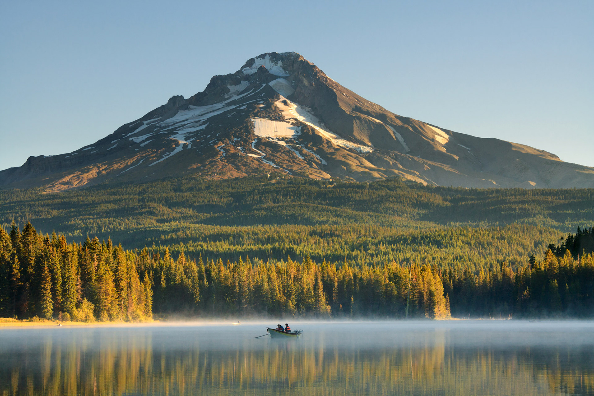 Fishing Boat on Trillium Lake before Mount Hood, Oregon