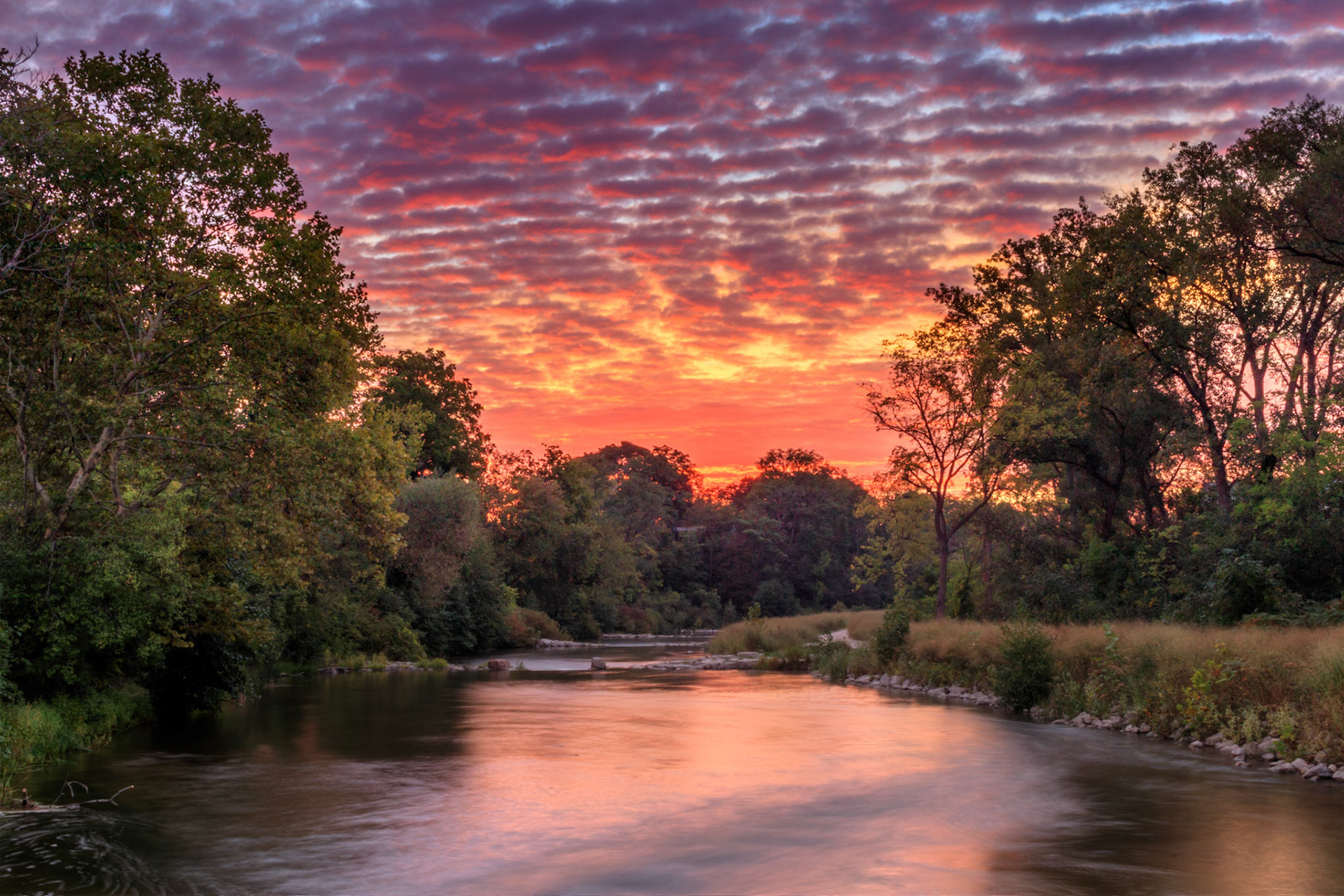 Sunrise over the Huron River at Argo Cascades, Ann Arbor, Michigan