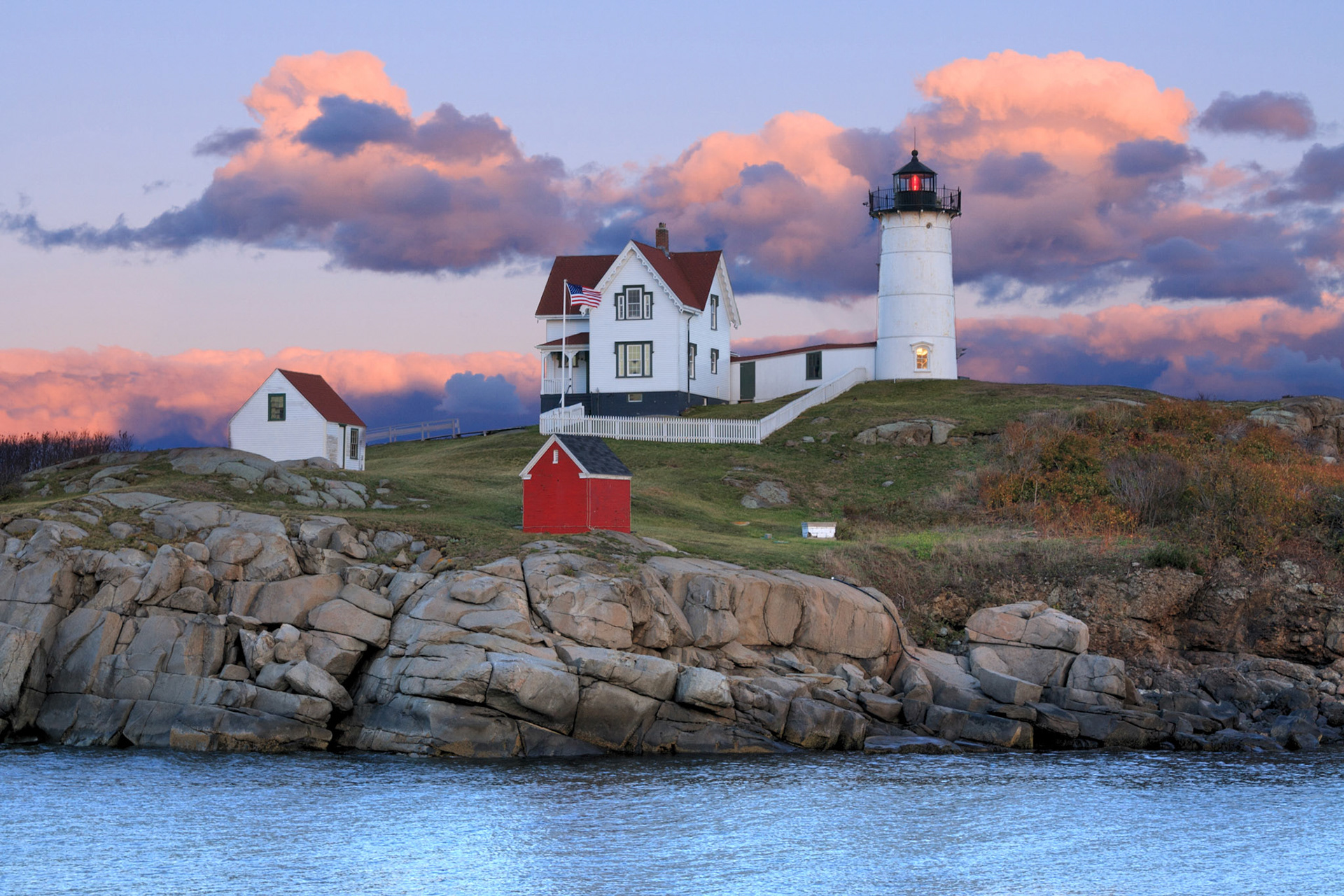 Pink clouds around the Nubble Point Lighthouse, York, Maine