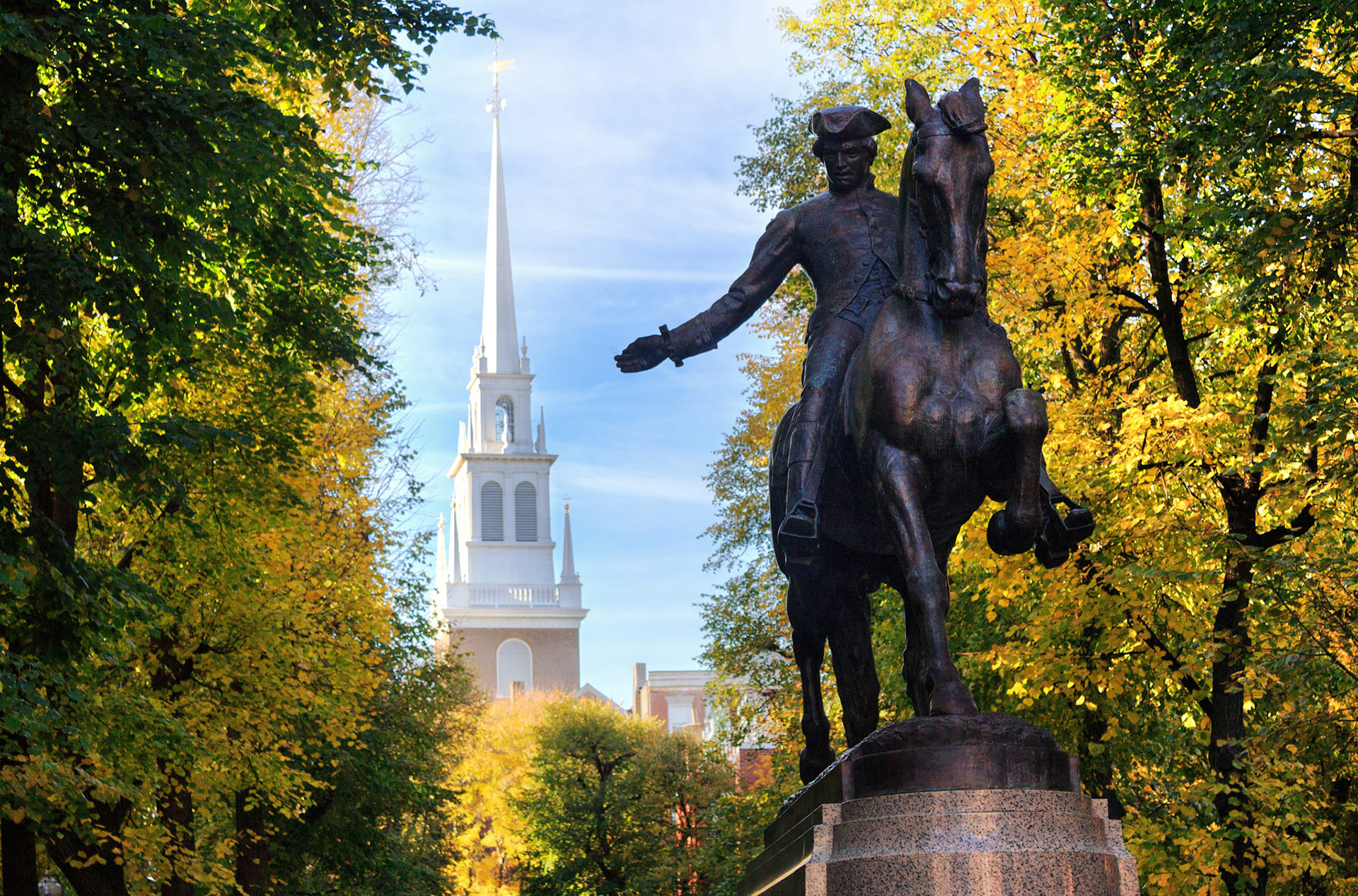 Autumn at the Paul Revere Statue and the Old North Church, Boston, Massachusetts