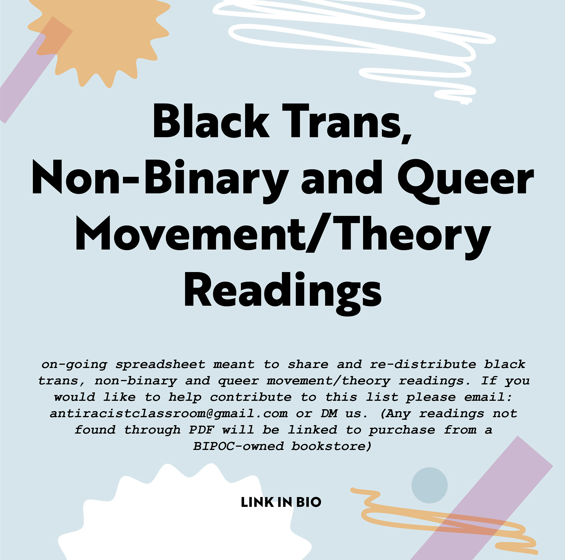 We wanted to highlight Black trans, non-binary and queer movement/theory readings in support of Pride Month, which began with Black and Brown trans/queer folks in the StoneWall Riots. Click the link to view! Have any recommendations? Please dm or email us.