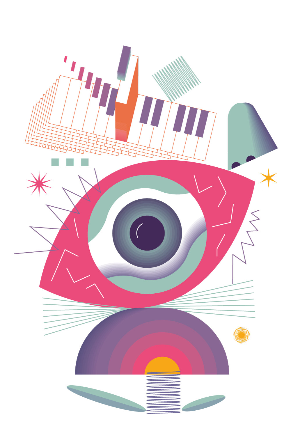 Mock editorial spot illustration on types of hallucination.