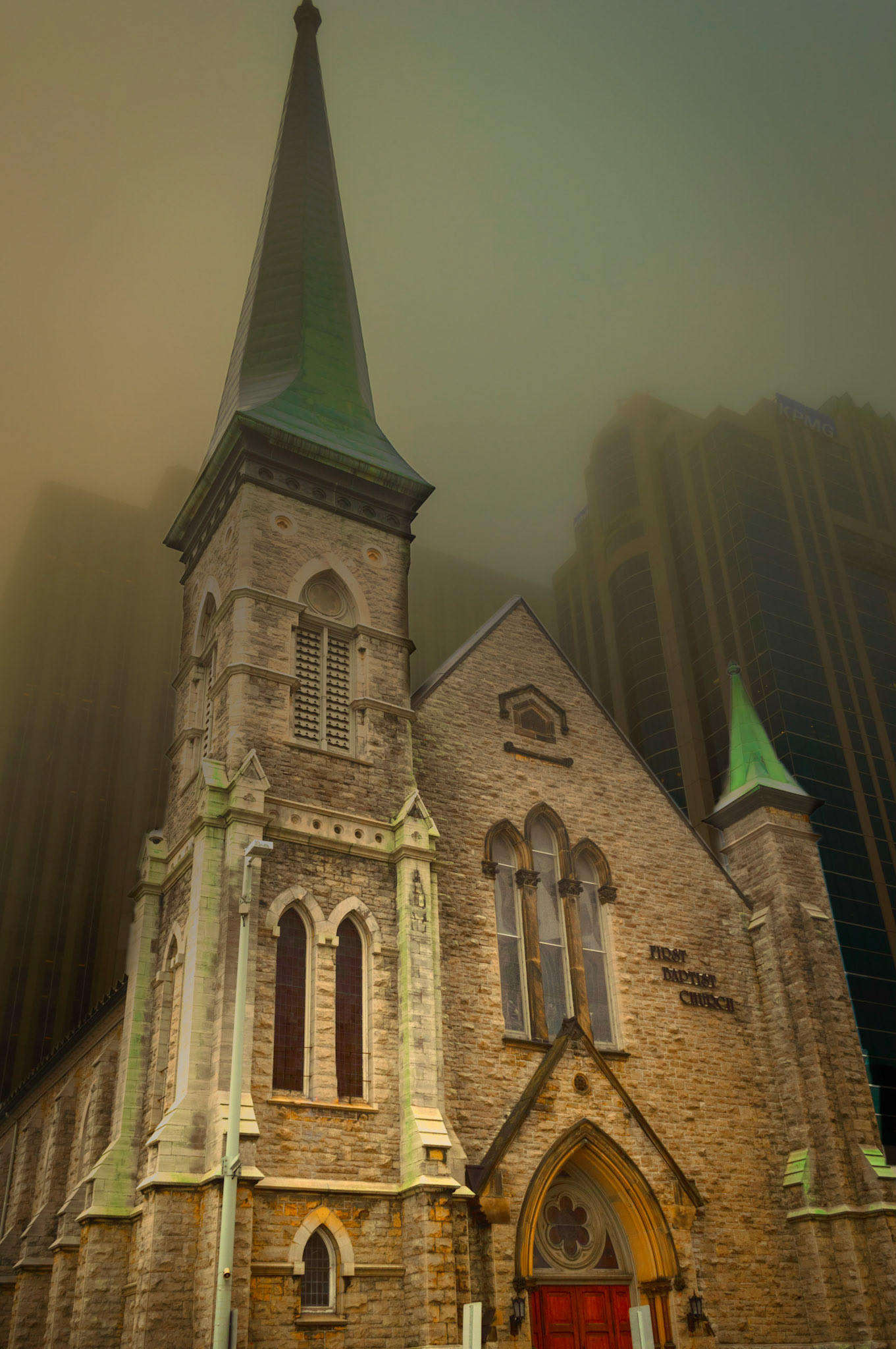 First Baptist Church Downtown Ottawa on a foggy November morning.
