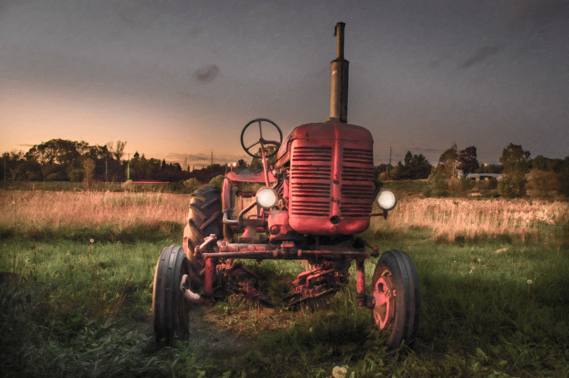 Light Painting of an old tractor at sunset.