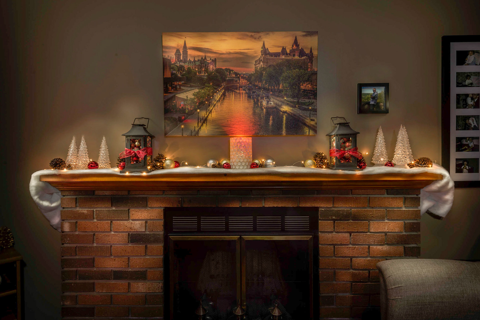 Diane's mantle is truly amazing every year.  From the white cotton and little LED mini lights to the balls and lanterns - it's a very cozy place to be. This is a light painting composite of a dozen individually lit frames.