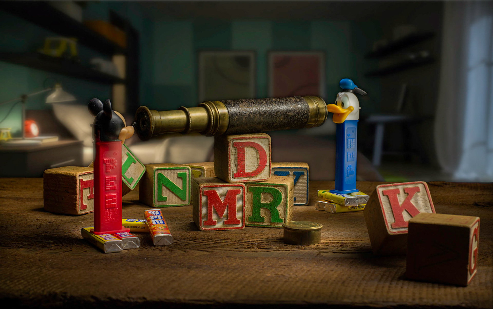 Mickey and Donald playing with a telescope in a childs bedroom at night