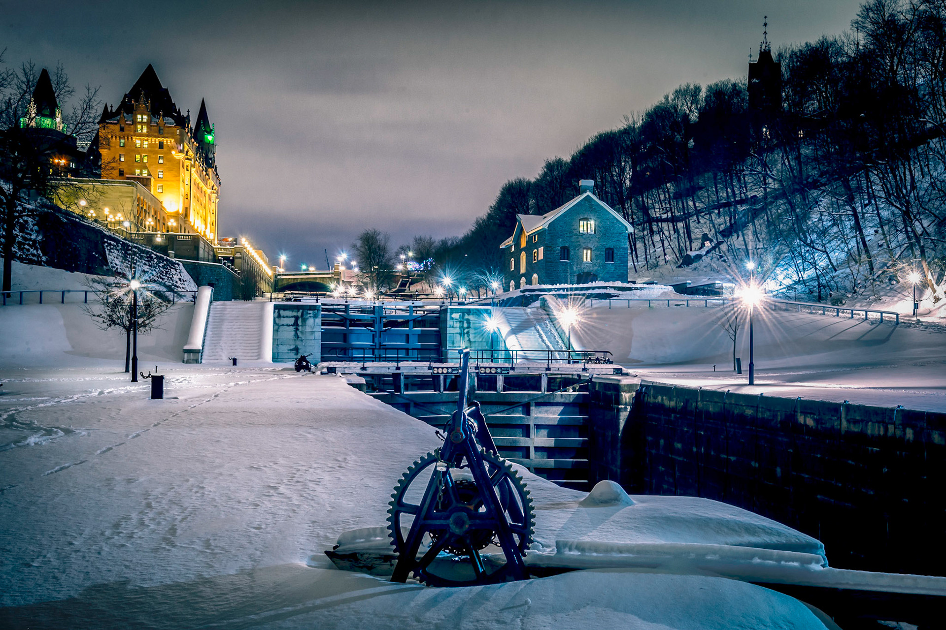 The Rideau Canal locks with the Chateau Laurier in the background