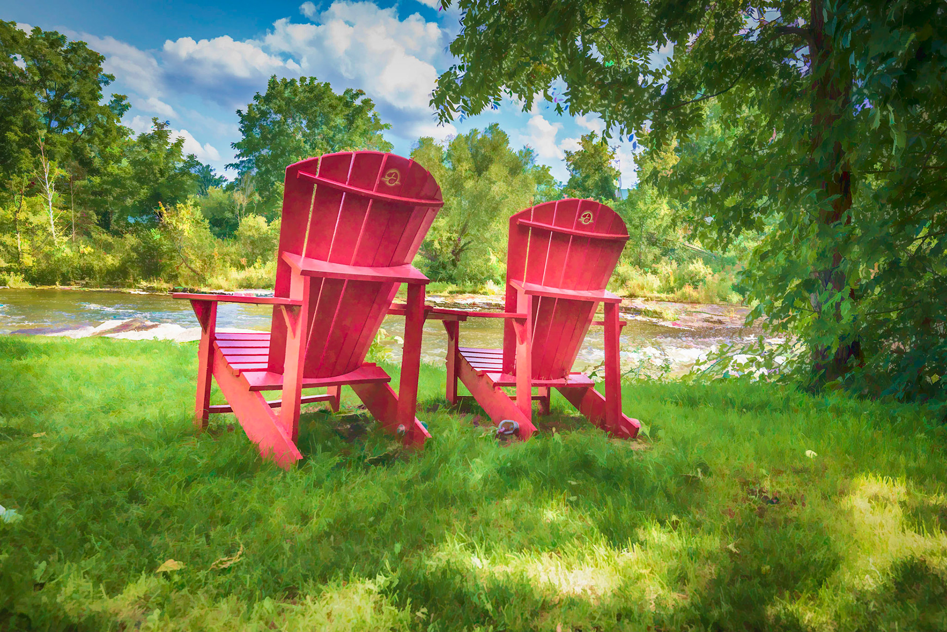 A pair of lawn chairs on the Ottawa River