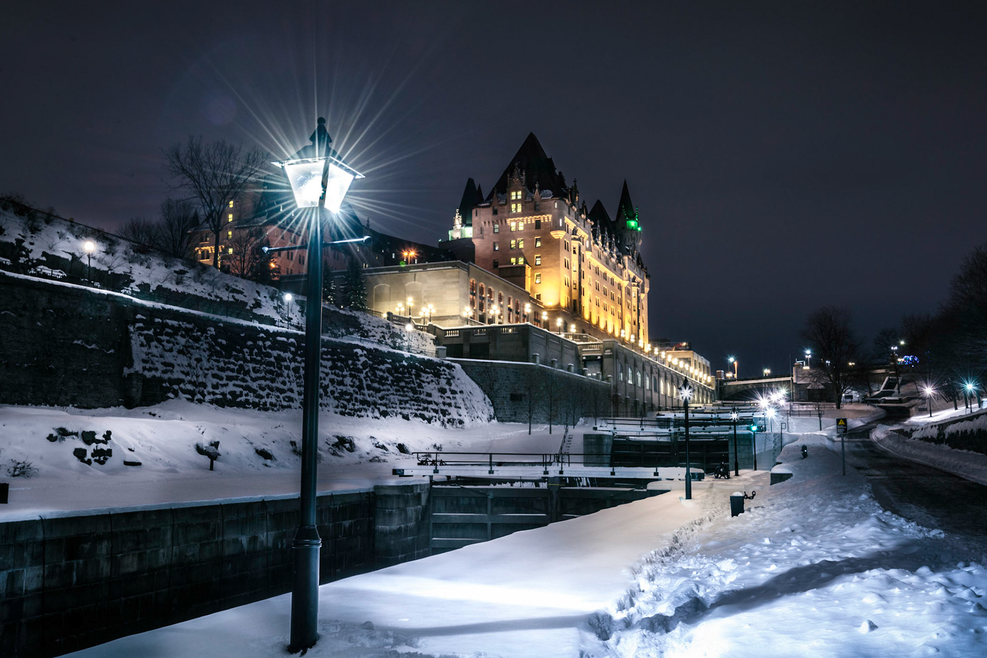 Lookin up at the Chateau Laurier from the locks on the Rideau Canal