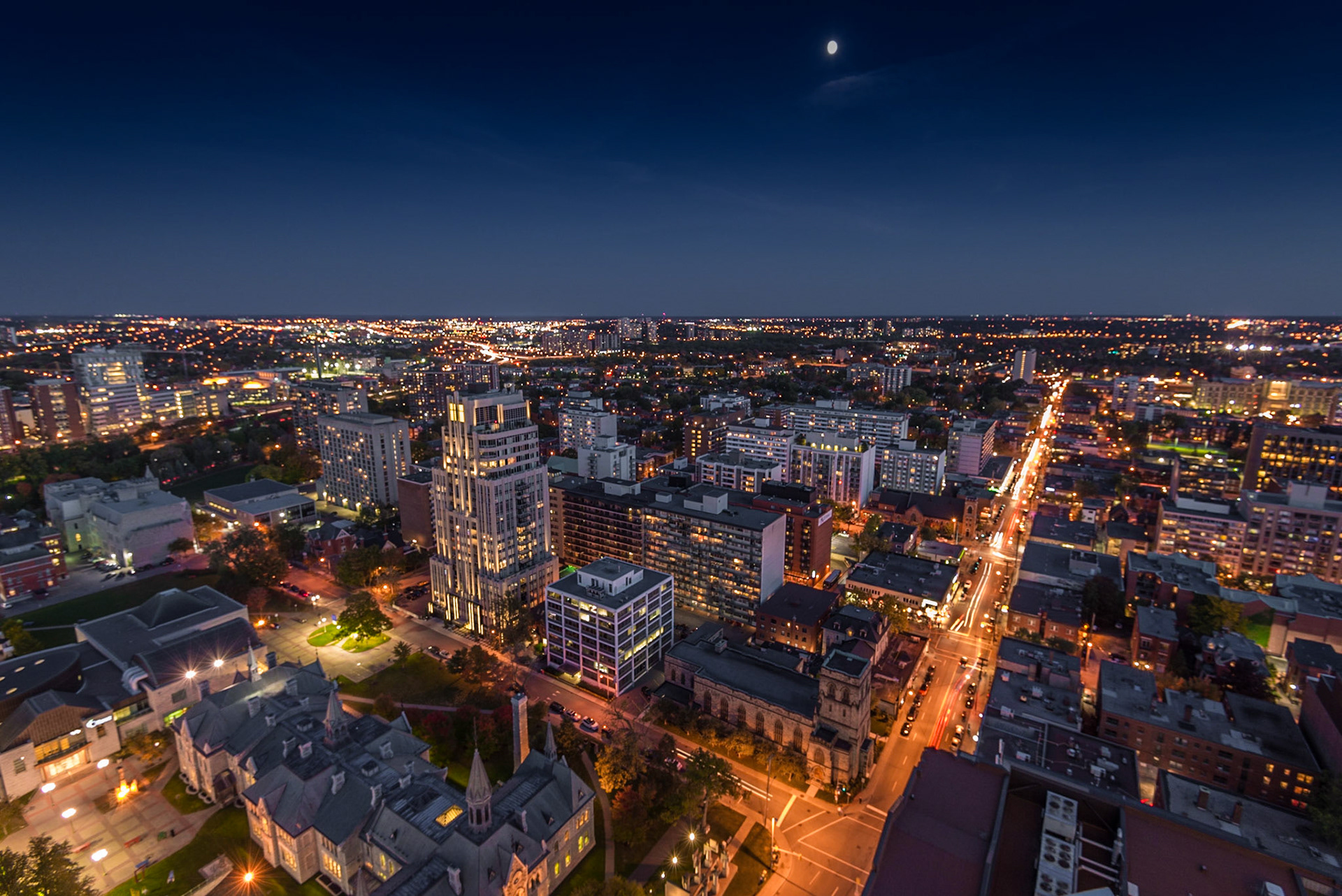 Evening shot of Elgin St. and the Merit Building
