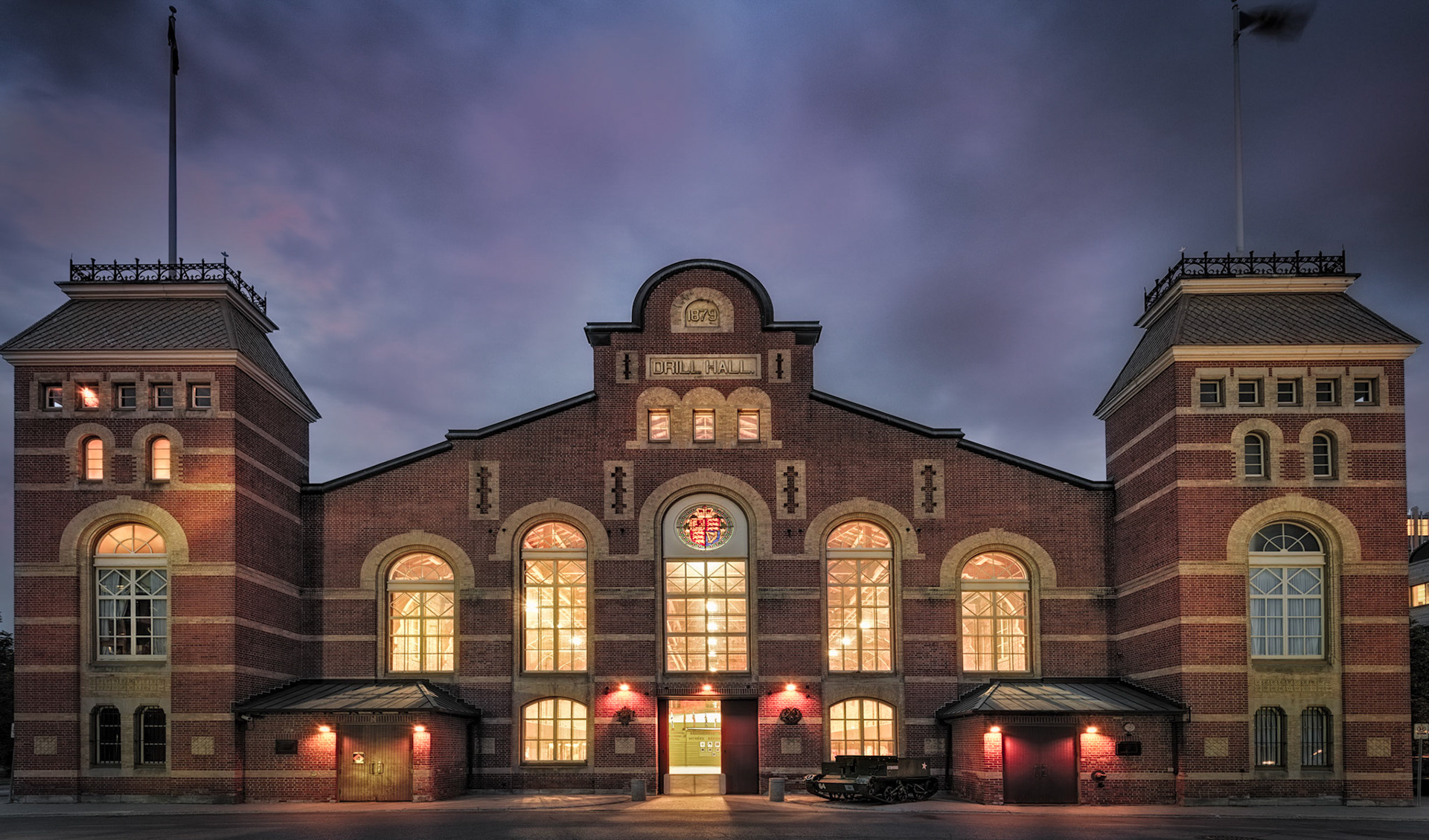Evening shot of the Cartier Square Drill Hall in Ottawa