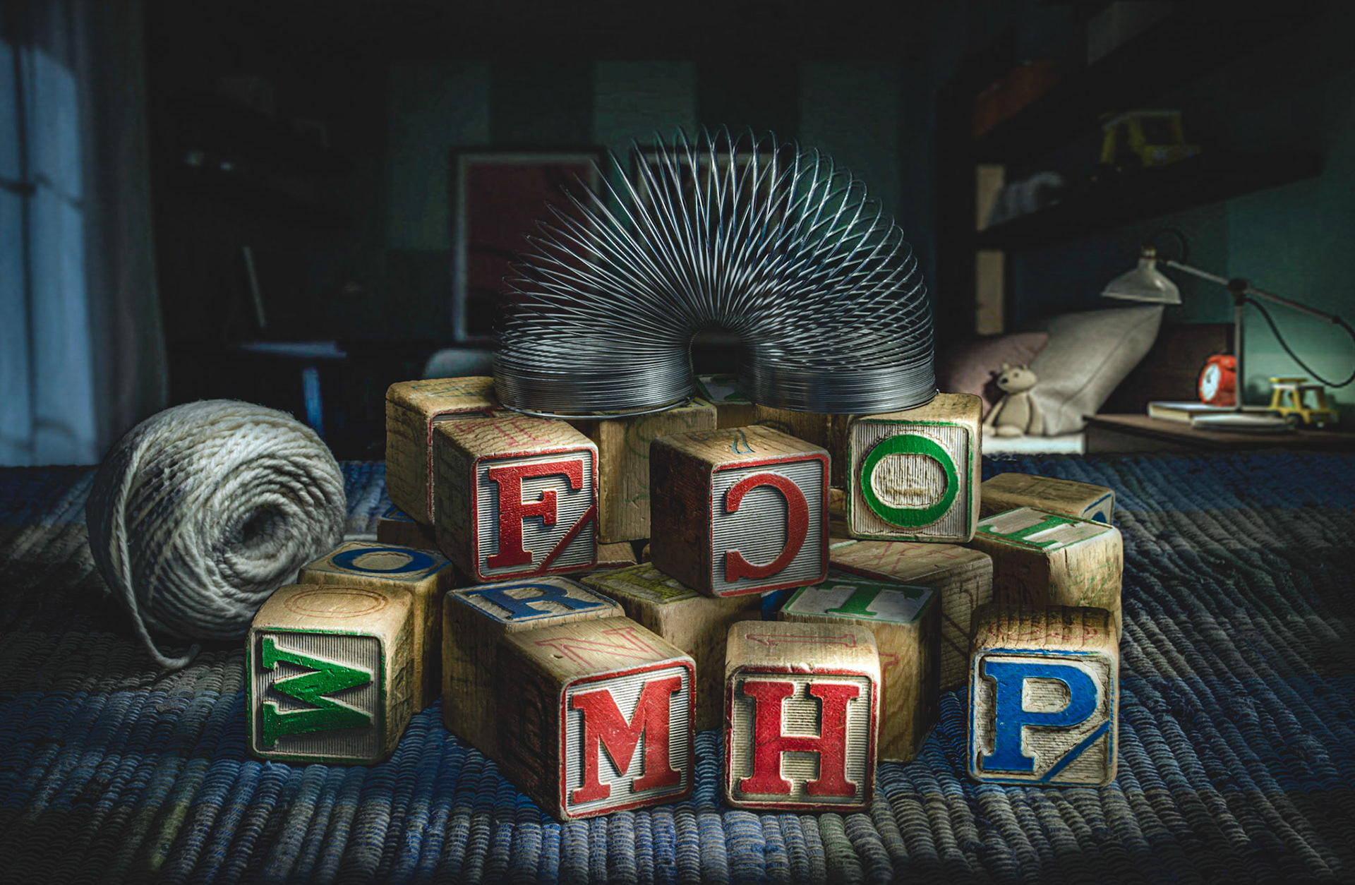 Light Painting of some old blocks and a Slinky.  I added the ball of string because, as a boy, I always had some string for 'stuff'.
